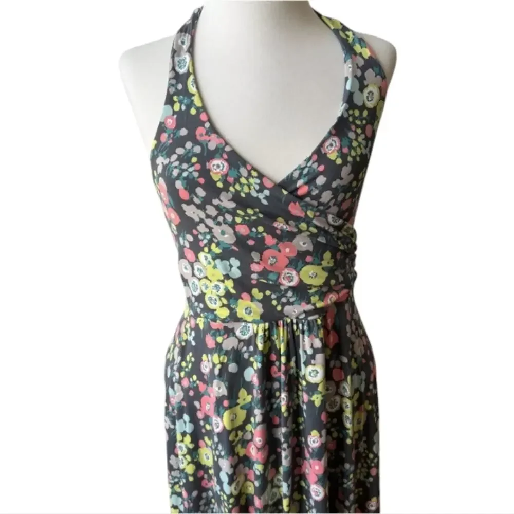 BODEN Women's St. Lucia‎ Halter Dress US Sz 6 Grey Floral Chartreuse Multicolor